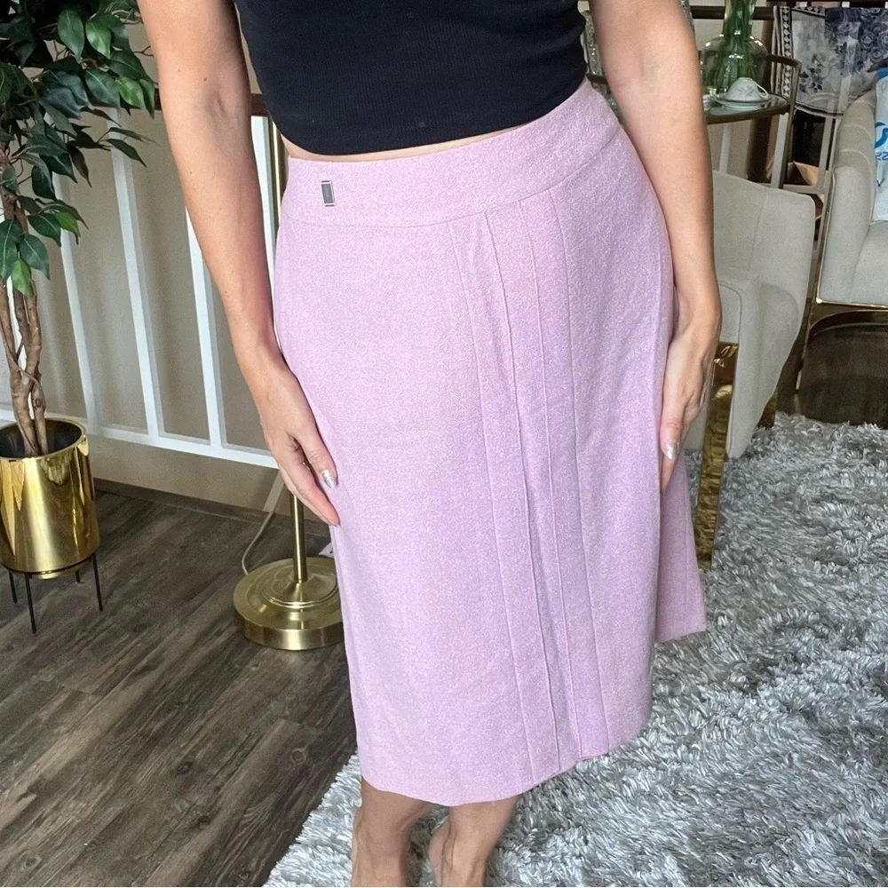 CHANEL Boutique Vtg 90s Pink Tweed Boucle Wool Midi Pencil Skirt Made France XL